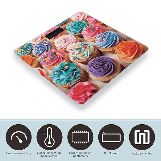 Birthday Cupcakes Bathroom Scale for Body Weight Bathroom Weighing Scale with Backlit LCD Display Highly Accurate Measures Weight Up to 180kg