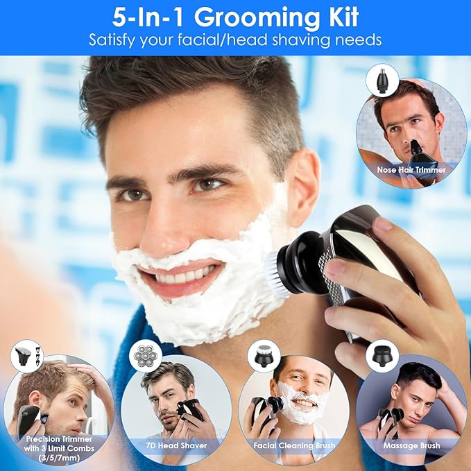 KOCASO 7D Head Shavers for Bald Men5-in-1 Electric Razor for Men - IPX6 Waterproof Electric Razor Wet/Dry Mens Grooming KitUSB Rechargeable with LED Display and Travel Lock