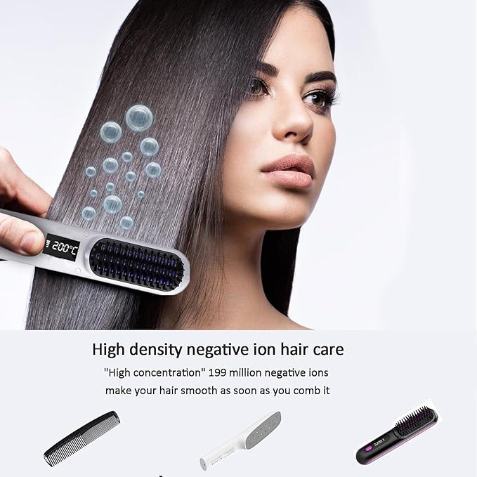 Cordless Ceramic Heated Electric Wireless Hair StraightenerPortable LCD Hair Straightening CombUSB Rechargeable Negative Ion Hot Comb Hair BrushWhite