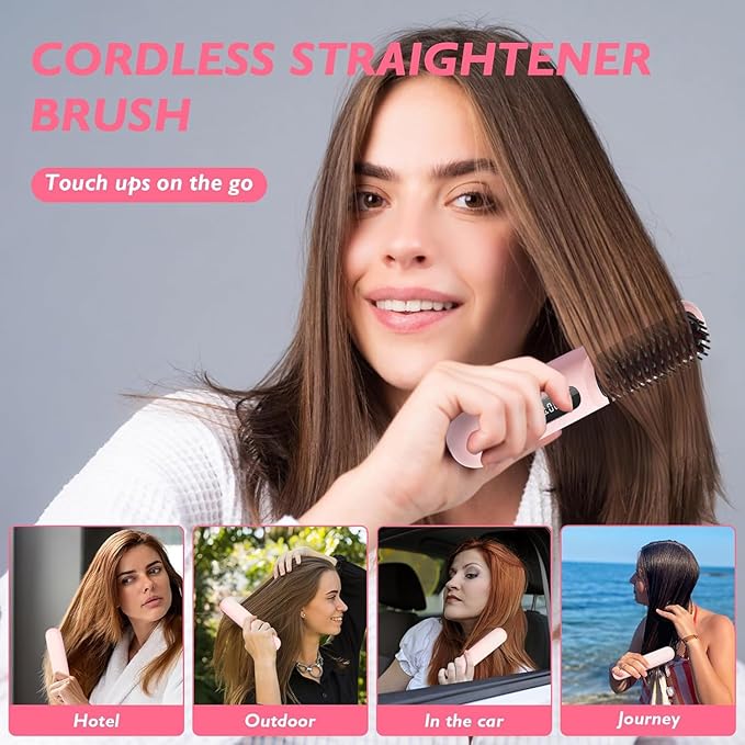 Portable Cordless Hair Straightener Brush for TravelMini Hair Straightener Comb with Negative IonMini BrushRechargeable 3 Temp-SettingPink