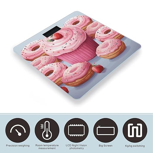 Pink Donut and CupcakeScale for Body Weight with LCD High Precision Weighing Scales Fashion Sturdy Tempered Glass Weight Scales Easy-to-Read Digital Bathroom Scale for Daily 400lb