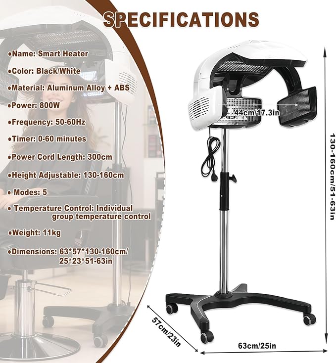 Professional Salon Hair Dryer &amp Steamer with Adjustable Timer &amp Temperature 800w Stand-Up Hair Dryer for Home Use Mobile Base for Hair Coloring Deep Conditioning &amp Perming Black