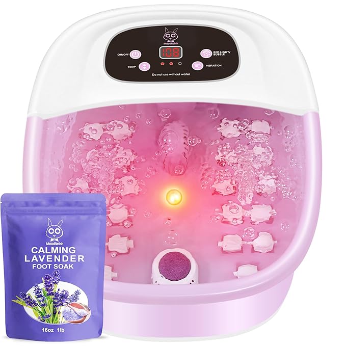 Foot Spa Bath Massager with Heat Bubbles and Vibration Massage and Jets 16 OZ Calming Lavender Foot Soak Epsom Salt Foot Soaker with Red Light 22 Massage Rollers Adjustable Temp - Pink