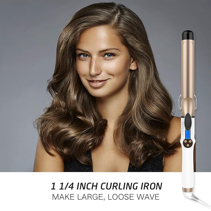 Hoson 1 1/4 Inch Curling Iron Dual Voltage Ceramic Long Barrel 1.25 Inch Hair Curling Iron for Long Hair LCD Display with 9 Heat Setting(225°F-450°F for All Hair Types Glove Include)