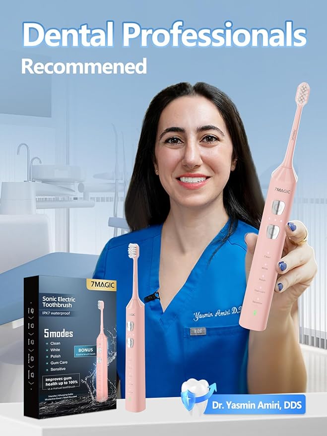 7MAGIC Sonic Electric Toothbrush for Adults and Kids - Up to 180 Days Runtime 42000 VPM Powered Toothbrush 5 Modes &amp 3 Intensities for Sensitive Teeth &amp Braces Includes 8 Brush Heads Pink