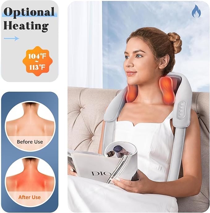 Cordless Neck and Shoulder Massager Shiatsu Neck and Back Massager with Heat 4D Deep Tissue Kneading Massage Pillow for Shoulder Back Leg Muscle Pain Relief Valentine's Day Gifts for Women Men