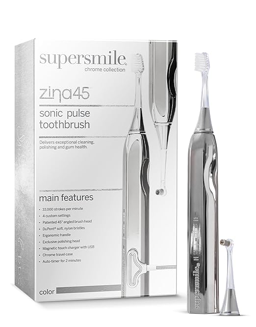 Supersmile Zina45™ Deluxe Sonic Pulse Toothbrush – Rechargeable Electric Brush with Angled Head &amp Travel Case – for Whiter Teeth and Healthier Gums