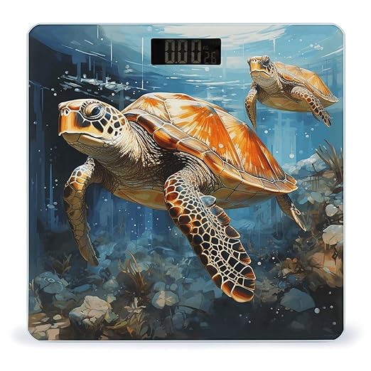 Turtle Swimming in The Sea Scale for Body Weight Anti-Slip Tempered Glass Digital Bathroom Scales Clear LCD Display Weighing Scale Safe Rounded Corners Smart Scales
