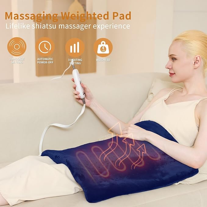 Massaging Weighted Heating Pad for Back Pain ReliefHeating Pads for Neck ShoulderCrampPortable Heated Pad with 3 Heat Settings &amp 6 Massage18 Relaxing CombinationsAuto Off12*24Dark Blue