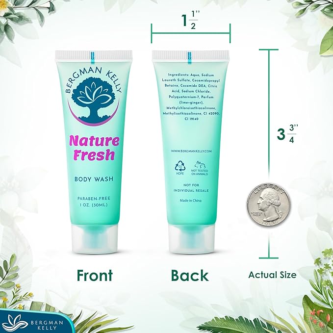 BERGMAN KELLY Travel Size Body Wash (1 fl oz 100 PK Nature Fresh) Delight Your Guests with a Refreshing &amp Soothing Hotel Body Wash Quality Mini and Small Size Guest Hotel Toiletries in Bulk