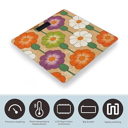 Colorful Vintage Flowers Smart Scale for Body Weight Digital Bathroom Scale Toughened Glass Weight Scale with Large LCD Backlight Display High Precision Scales Weighing Machine
