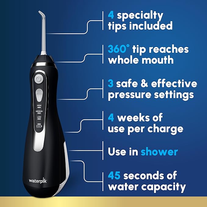 Waterpik Cordless Advanced 2.0 Water Flosser For Teeth Gums Braces Dental Care With Travel Bag and 4 Tips ADA Accepted Rechargeable Portable and Waterproof Black WP-582 Packaging May Vary