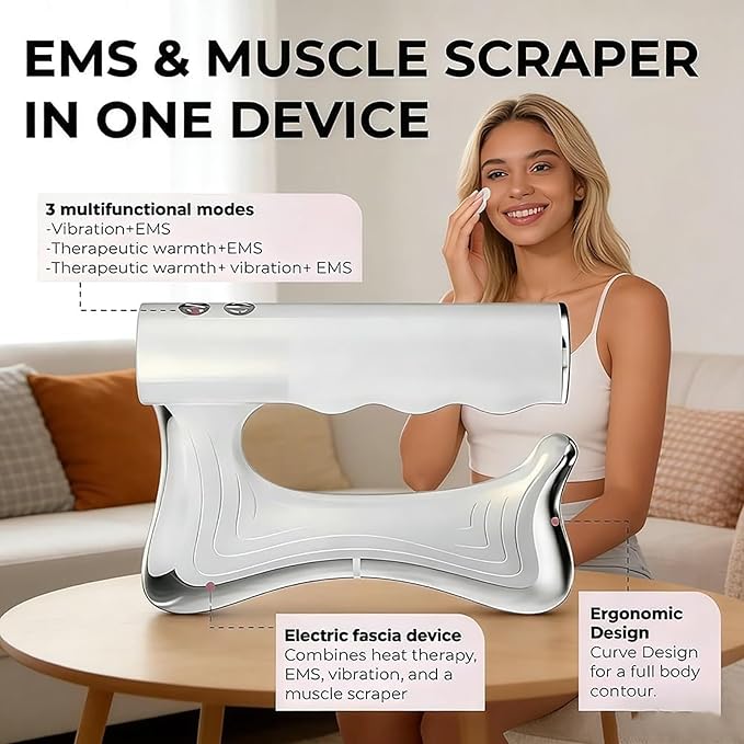 Full Body Contour Device with Heat &amp EMS Heated Muscle Scraper Tool for Firming Lymphatic Drainage Fascia Massage Circulation Support &amp Full Body Muscle Relief (White)