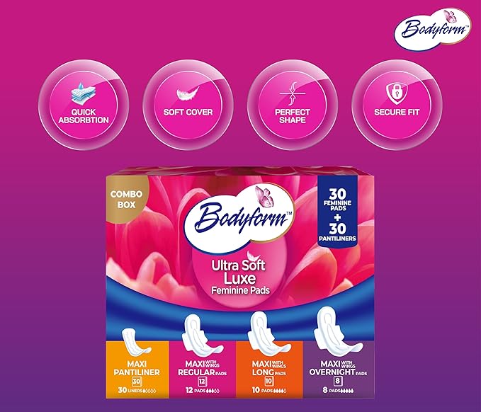 Bodyform Luxe Feminine Care Value Combo Pack Variety Pack Cushion-Soft &amp Ultra-Absorbent Daily Freshness &amp Protection (60 Count)