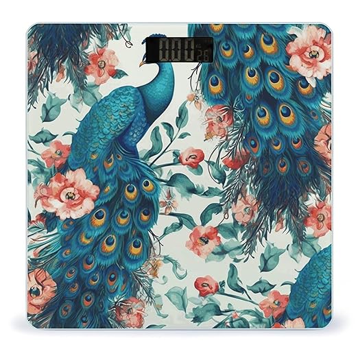Beautiful Peacock Flowers Digital Bathroom Scale for Body Weight with High Precision Digital Weighing Scale with BMI Clear LCD Display and Step-On Measures Weight Up to 180kg