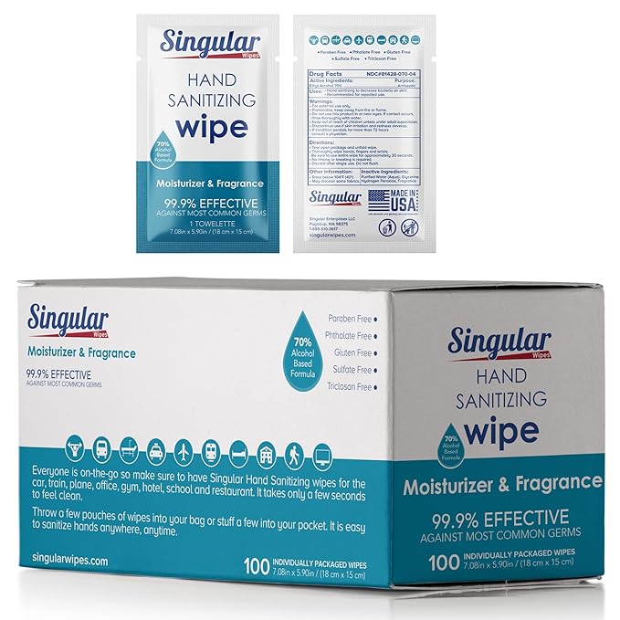 Hand Sanitizing Wipes Travel Size by Singular Wipes – 100ct Individually Wrapped | Fresh Citrus Scent Moisturizing 70% Alcohol Wipes | Travel Office School Home | Made in USA
