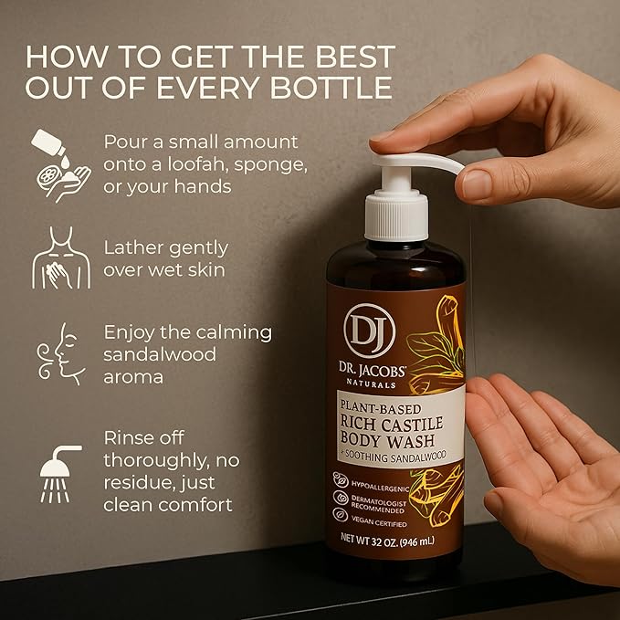 Dr. Jacobs Naturals Castile Sandalwood All-Natural Body Wash for Moisturizing Dry and Sensitive Skin with Plant-Based Ingredients with Pump - 32 Ounce