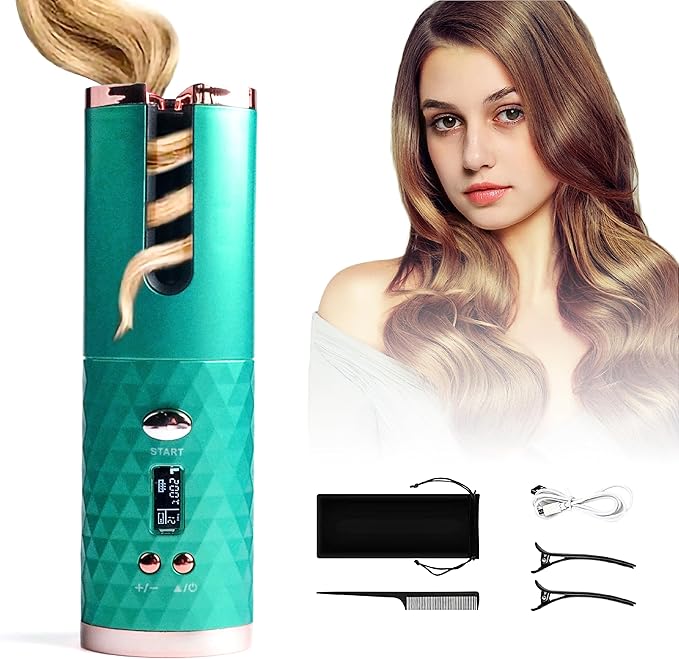 Automatic Curling Iron Hair Curling Iron for Hair Styling Cordless Auto Hair Curler with 6 Temps and Timers Auto Shut-Off Fast Heating Rechargeable Cordless Hair Curler 1 (Green) (Green)