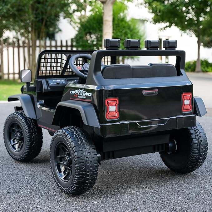 12V 7AH 4WD Kids Ride-On Truck Electric Off-Road Car with Remote &amp Pedal Control LED Lights Music USB Safety Belt 4-Wheel Suspension Adjustable Speeds Outdoor Gift for Boys Girls Black