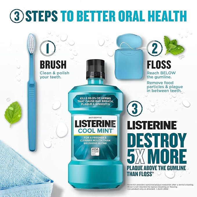 Listerine Cool Mint Antiseptic Mouthwash to Kill 99% of Bad Breath Germs and Gum Therapy Mouthwash in Glacier Mint to Help Reverse Signs of Early Gingivitis Convenience Pack 2 x 1 L