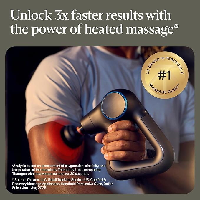 TheraGun Therabody Prime Plus Heated Powerful Massage Gun for Enhanced Warm-Up &amp Workout Recovery - Quiet Deep Tissue Massager for Body and Back Pain Relief - Leg &amp Back Massager with Heat
