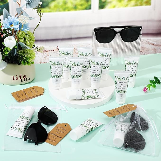 12 Sets Mini Sunscreen and Sunglasses Bulk for Wedding Party Spf30 Water Resistant Sunscreen Lotion Bulk 1oz Travel Size for Thank You Gifts Wedding Party Supplies (Eucalyptus)