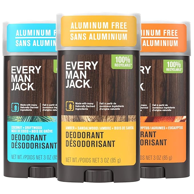 Every Man Jack Men's Deodorant Variety Set - Includes 3 Full-Sized Aluminum Free Natural Deodorant Sticks - Coconut + Driftwood Citrus + Eucalyptus Amber + Sandalwood - 3oz (3 Pack)