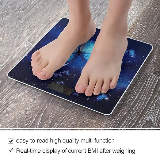 Blue Starry Butterfly Scale for Body Weight Safe Rounded Corners Tempered Glass Digital Bathroom Scale LED Display 400lb Capacity Weight Scales with High Precision Sensors