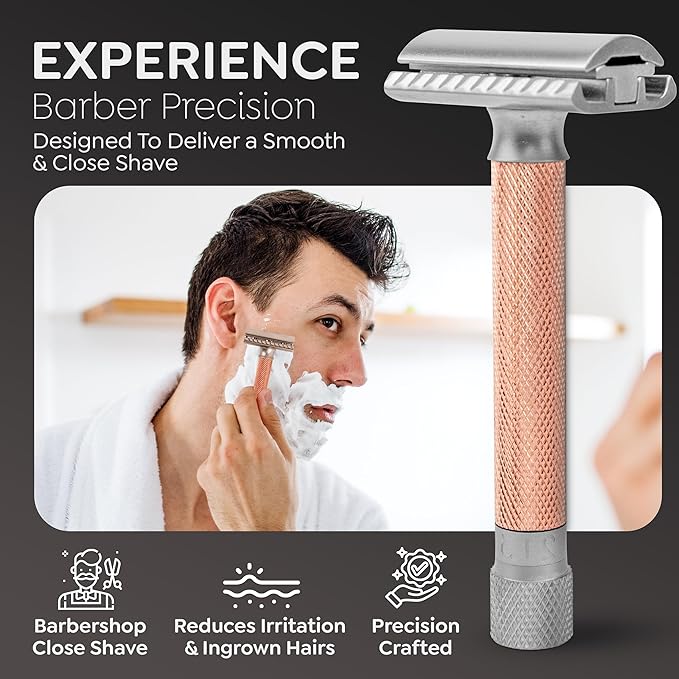Parker THE VARIANT CLOSED COMB - ADJUSTABLE Double Edge Safety Razor Customize your Shave with a Turn of the Dial from Mild to Aggressive - 5 Blades Included (ROSE GOLD)