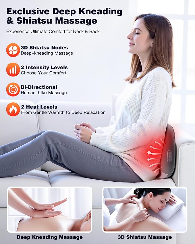 Shiatsu Back and Neck Massager with Heat – Deep Kneading Lower Back Massager Pillow for Relaxation – Corded Design for Lower Back – Gift for Your Loved Ones