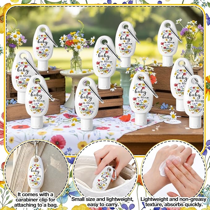 Leelosp 30 Pcs Mini Sunscreen with Carabiner Bulk for Wildflower Baby in Bloom Baby Shower Party Favors Travel Size 1 Fl. oz. Spf 30 Water Resistant Mini Sunblock Lotion for Wildflower Party
