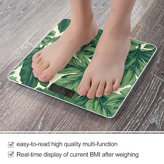 Green Foliage Botanical Scale for Body Weight Anti-Slip Tempered Glass Digital Bathroom Scales Clear LCD Display Weighing Scale Safe Rounded Corners Smart Scales