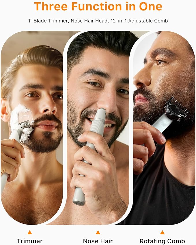 New Electric Beard &amp Nose Hair Trimmer Kit - Painless Razor with 12 in 1 Rotating Comb Magnetic Nose Hair Head Waterproof Wet/Dry Groin/Ball Shaver for Men USB-C Fast ChargingWhite(Pack)