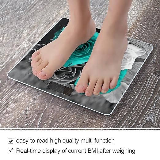 Black White Teal Gray Rose Flowers Scale for Body Weight Sturdy Tempered Glass Weighing Scales with LCD Display Accurate Digital Bathroom Scale Convenient Body Fat Smart Scales Easy Read