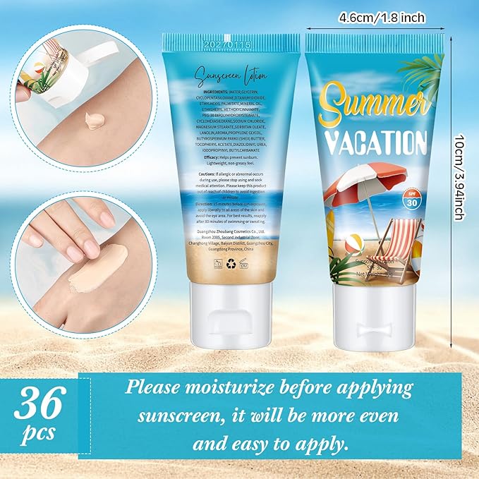 36 Pcs Mini Tinted Sunscreen Bulk for Summer Vacation Party Spf 30 Water Resistant Sunscreen Lotion Bulk 1 oz Travel Size for Thank You Gifts Summer Vacation Party Supplies