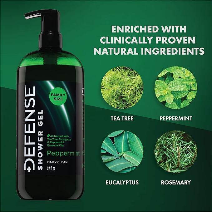 Defense Soap Peppermint Body Wash 32 oz with Tea Tree &amp Eucalyptus Oils + Silicone Body Scrubber &amp Shower Hook | Natural Antifungal Shower Gel &amp Exfoliating Set for Athletes and Active Lif