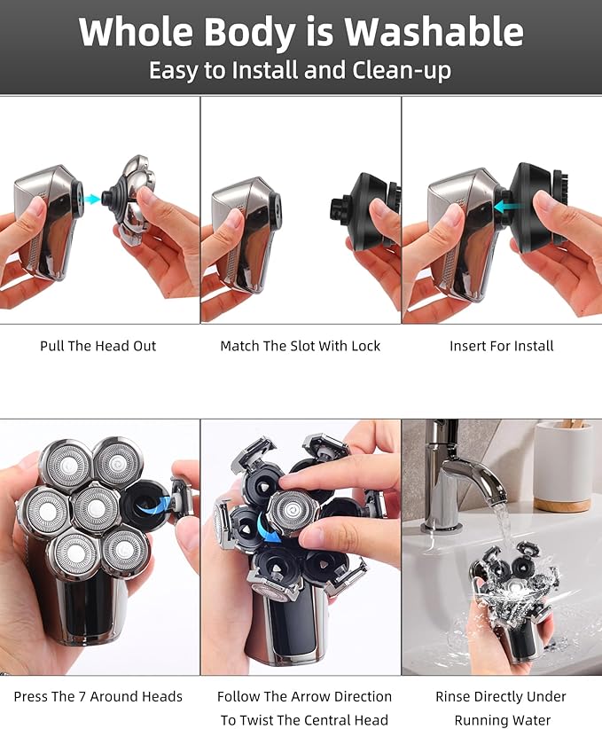 7D Electric Bald Shaver - 5-in-1 Dry/Wet Men's Head Shaver with Led Display &amp IPX7 Waterproof Detachable Rechargeable Razor