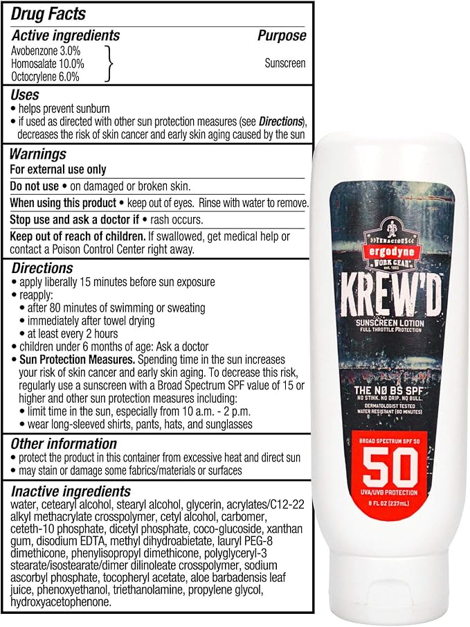 Ergodyne KREW'D 6351 Sunscreen Lotion Broad Spectrum SPF 50 8 oz 12-Pack
