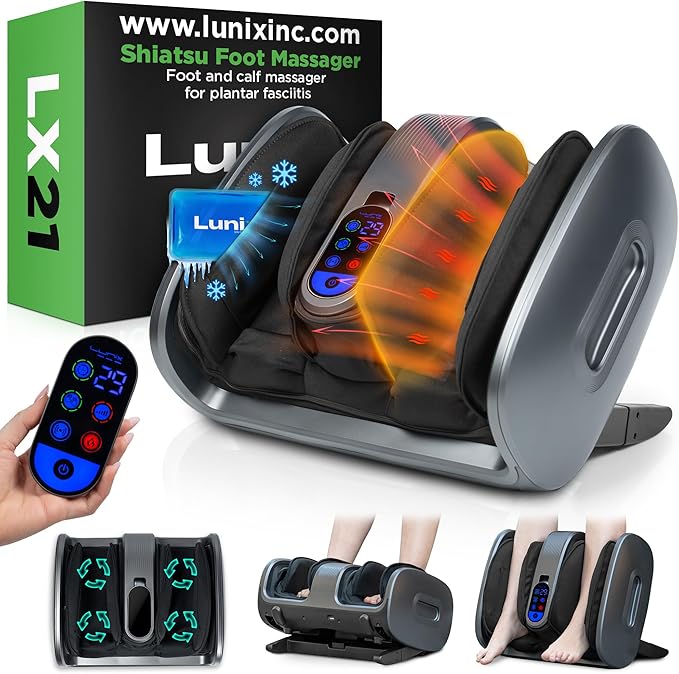 Lunix LX21 FSA Foot and Calf Massager with Remote Neuropathy &amp Plantar Fasciitis Relief Adjustable Leg Ankle Deep Kneading Shiatsu Therapy Blood Circulation Hot Cold Pockets Granite Gray