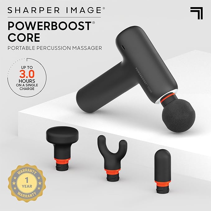 Sharper Image PowerBoost Core Mini Massage Gun| Portable Deep Tissue Percussion Massager with 6 Speeds| 4 Attachments| Quiet Motor| Cordless Muscle Recovery Tool with Carry Pouch