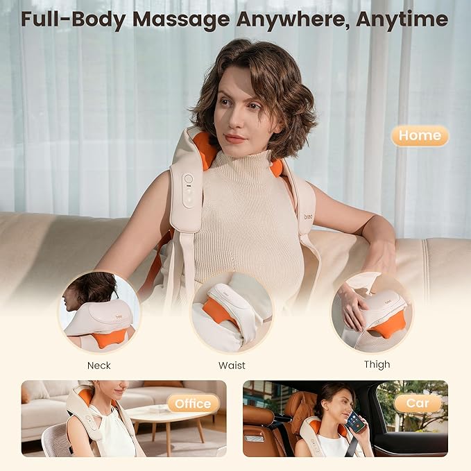 Breo N6 Mini Shiatsu Neck and Shoulder Massager with Heat – Deep Tissue Kneading Massage Pillow with Plum Blossom Rollers Red Light Therapy Quiet Motor Cordless Gift for Back Pain Relief