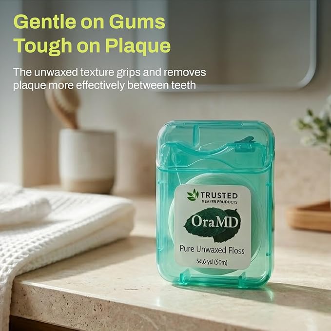 OraMD Oral Care Pure Unwaxed Dental Floss 54.6 Yards - PFAS-Free Chemical Free Shred Resistant - Unscented and Ultraclean Plaque Removal - Teeth and Gum Protection for Adults - Pack of 6