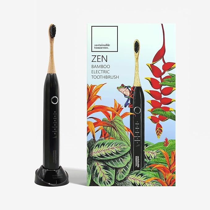 Sustainable Tomorrow Zen Bamboo Electric Toothbrush Durable Wood-Grain ABS Handle Rechargeable w/Plant-Based Soft Bristles Bamboo Heads 5 Modes &amp 30-Day Battery (Black)