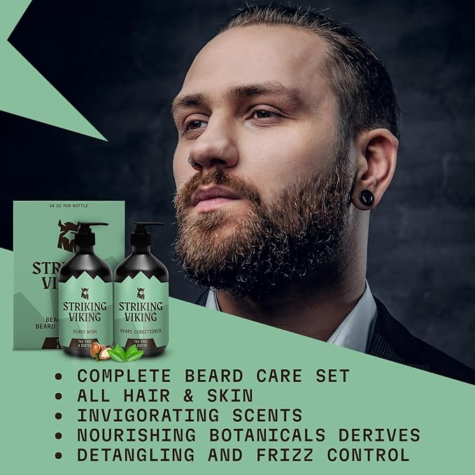 Striking Viking Beard Wash and Conditioner (Tea Tree &amp Biotin) - Paraben &amp Sulfate Free Cleansing Care for All Beard Types (10oz Per Bottle)