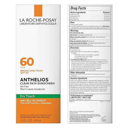 La Roche-Posay Anthelios Clear Skin Sunscreen Dry Touch SPF 60 Oil Free Sunscreen For Face Oil Absorbing Broad Spectrum SPF + Antioxidants Non-Greasy Oxybenzone Free Travel Size