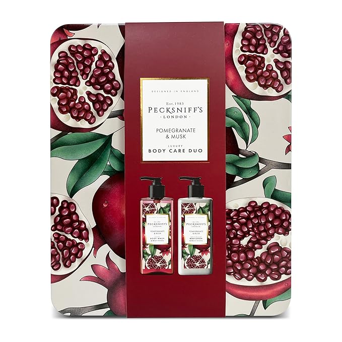 Pecksniff's Body Care Duo Tin Box – Enchanted Pomegranate &amp Musk 300ml Body Wash and 300ml Body Lotion Gift Set Luxury Skincare Collection with Reusable Tin Hydrating &amp Nourishing Daily Care