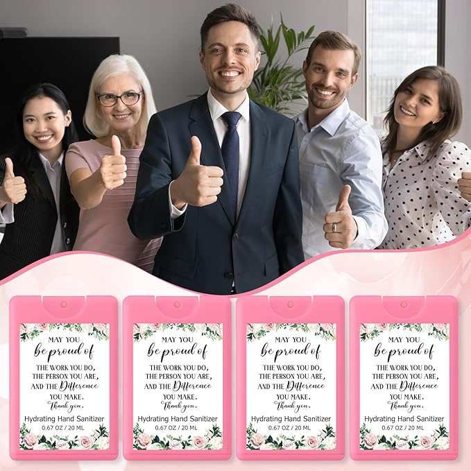 24 Pack Travel Size Hand Sanitizer Spray Bulk Employee Appreciation Week Gift Mini Motivational Thank You Gift Hydrating Pocket Sprays Gifts for International Women Day Gifts(PinkThank You)