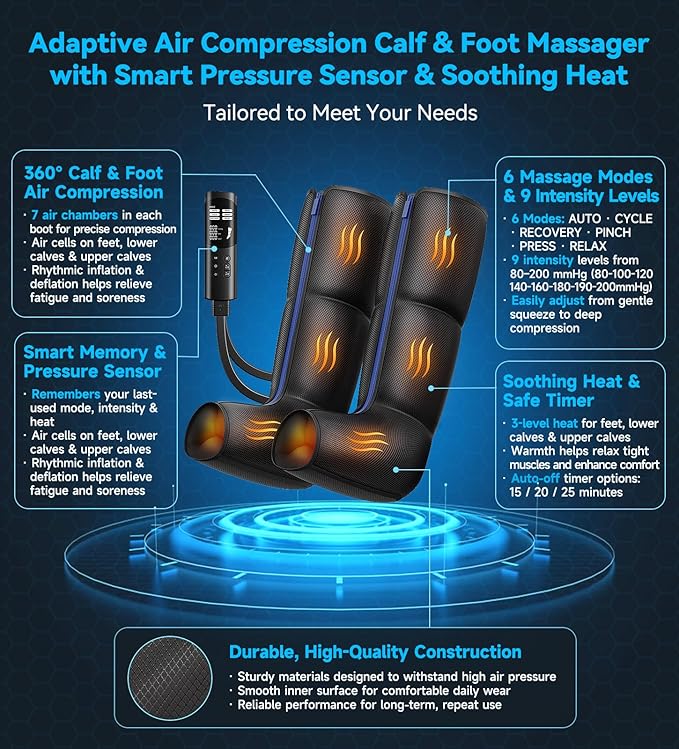 Leg Massager with Heat Foot and Calf Air Compression Massager with 6 Modes &amp 9 Intensities 3-Level Heating LED Display Timer Zipper Design Home Relaxation for Tired Feet &amp CalvesPitch-b