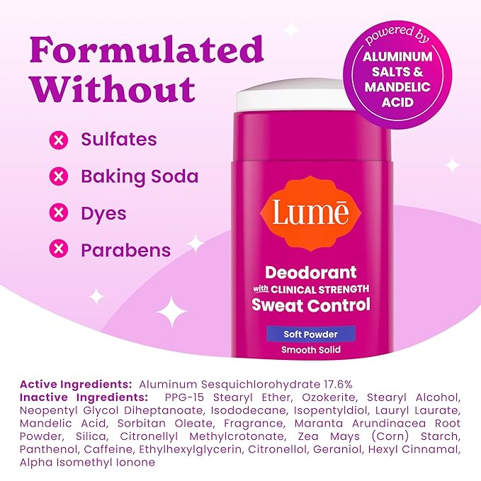 Lume Deodorant Plus Sweat Control - Smooth Solid Stick - Extra Strength Antiperspirant - 72 Hour Odor And Sweat Control - Baking Soda Free Skin Loving - 2.6 ounce (Soft Powder) Pack of 2