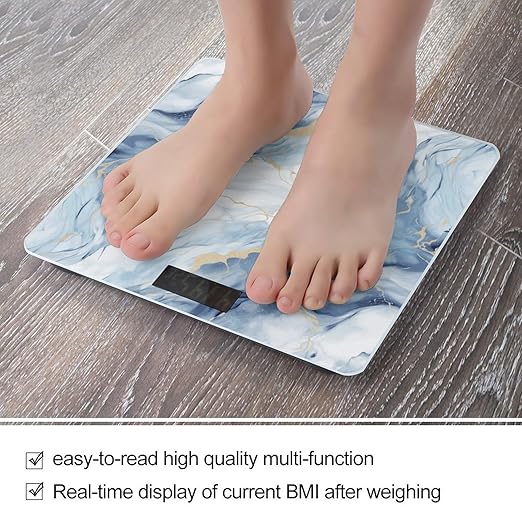 White Blue Marble Digital Bathroom Scale for Body Weight with High Precision Digital Weighing Scale with BMI Clear LCD Display and Step-On Measures Weight Up to 180kg